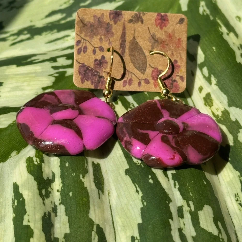 Polymer clay flower Pink and Brown Dangle Earrings - Picture 5 of 12